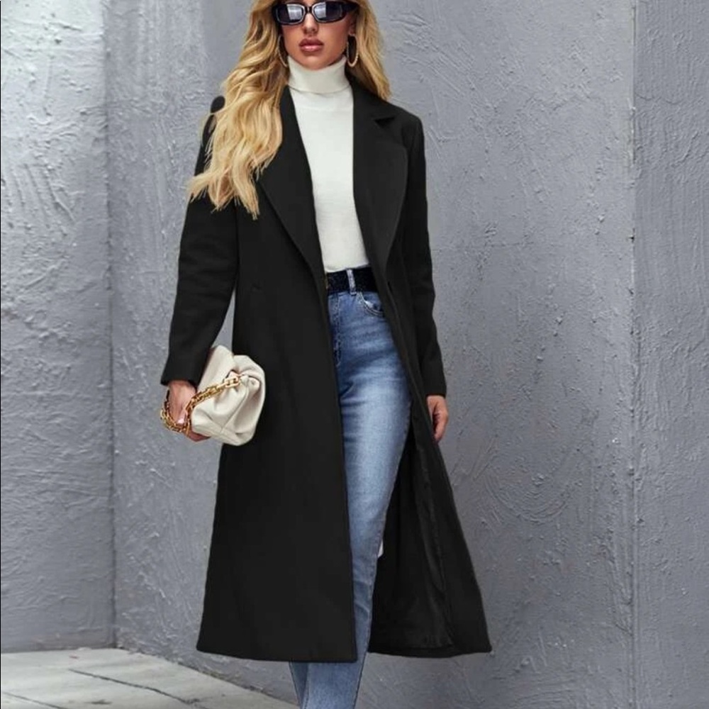 long peacoat jacket trench coat black minimalist long line - Picture 2 of 5